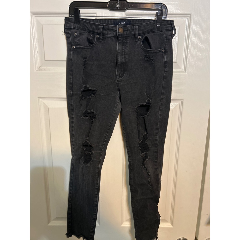 Aeropostale AERO High Rise Skinny Jeans Black Distressed Shredded‎ Size 14